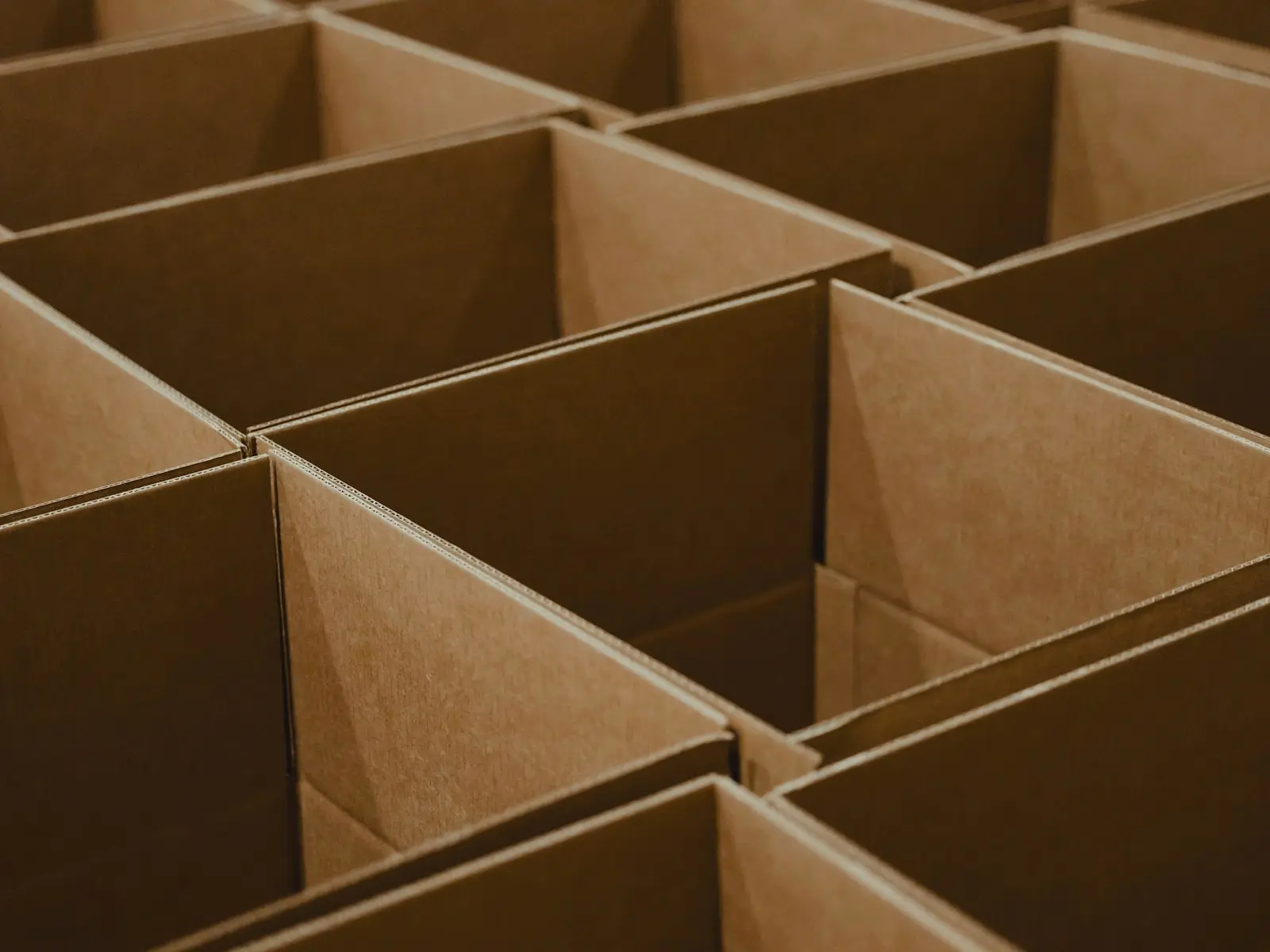 Rows of open brown cardboard boxes, ready to be packed
